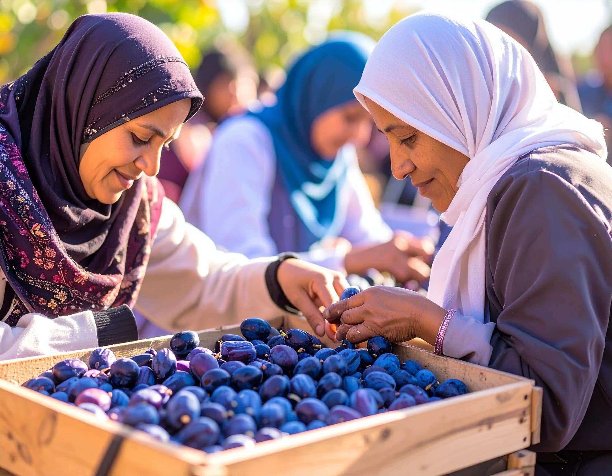 Women sorting freshly harvested plums in wooden crates