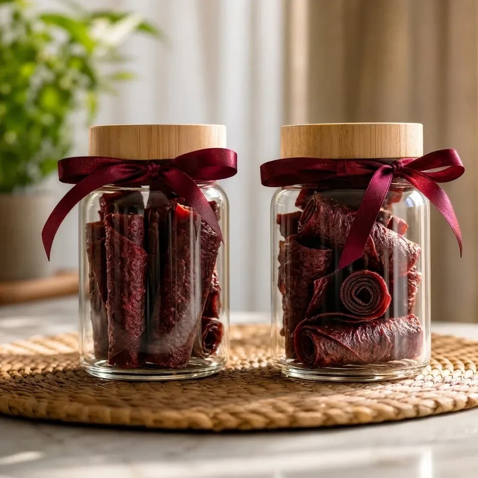 Two glass jars of rolled NanaQaisi tied with burgundy ribbons