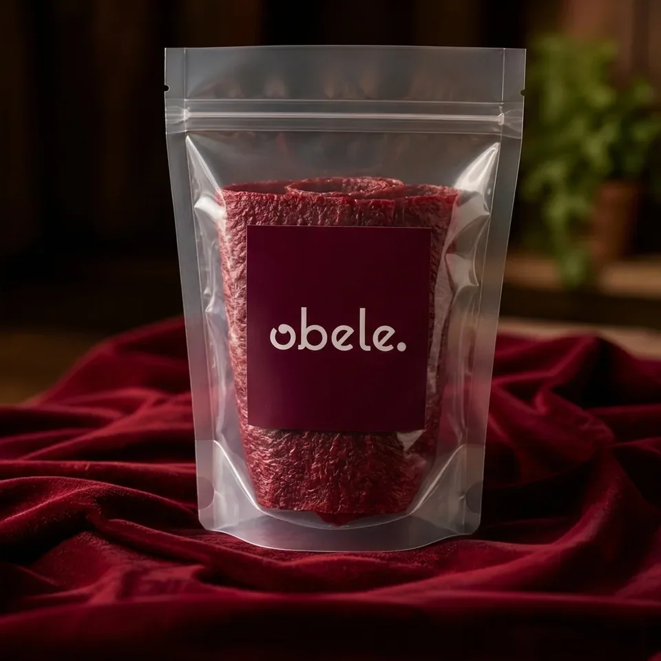 A clear pouch of NanaQaisi plum sheets on red velvet
