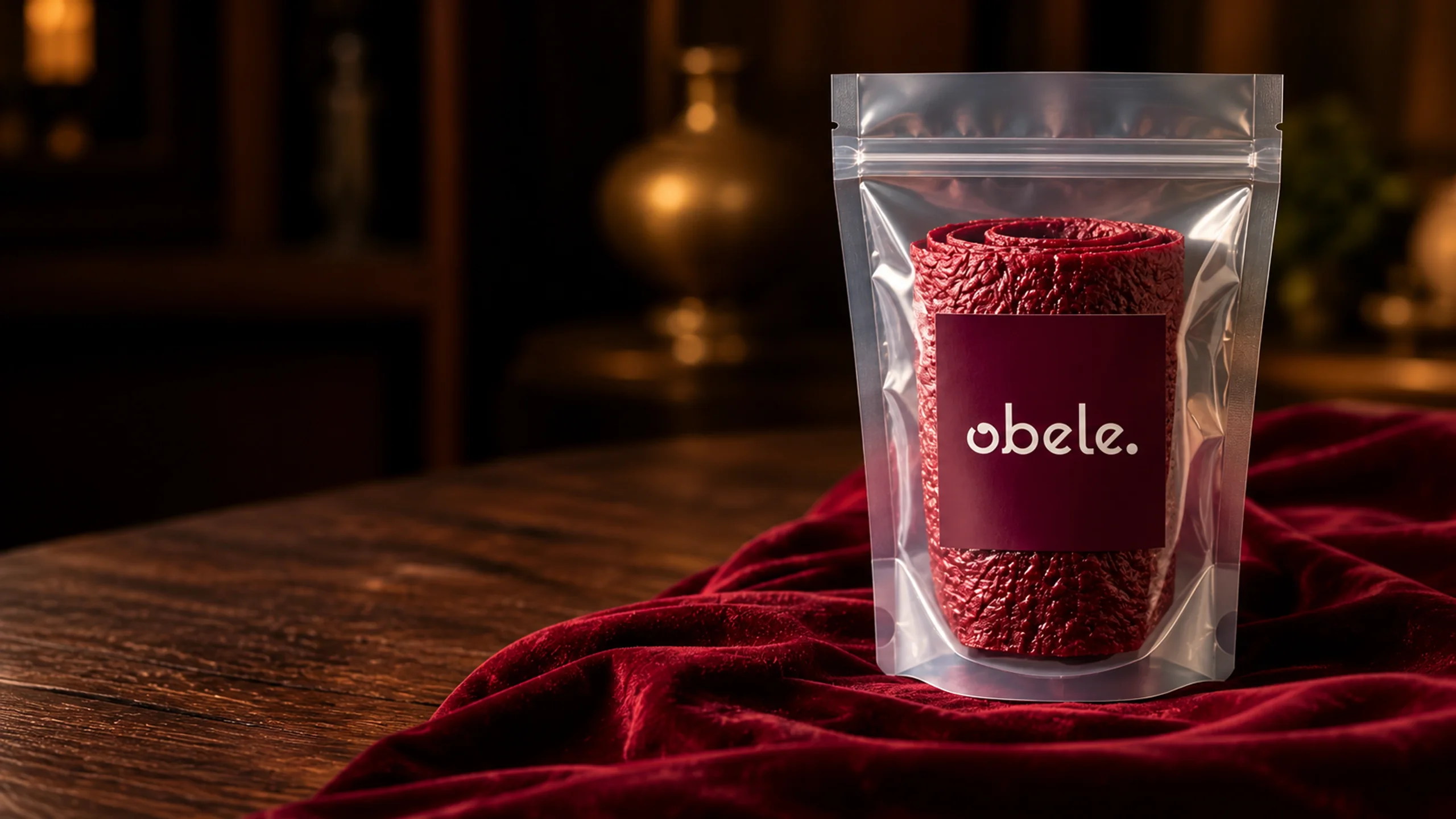 A NanaQaisi pouch on deep red velvet in warm evening light