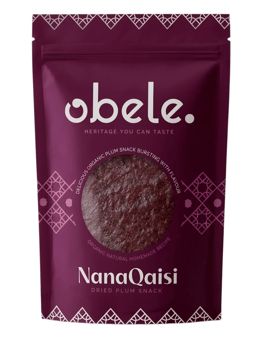 The front of a NanaQaisi dried plum snack pouch